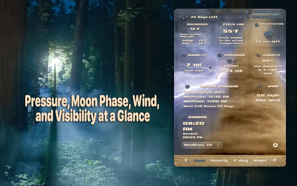 Pressure, Moon Phase, Wind, and Visibility at a Glance